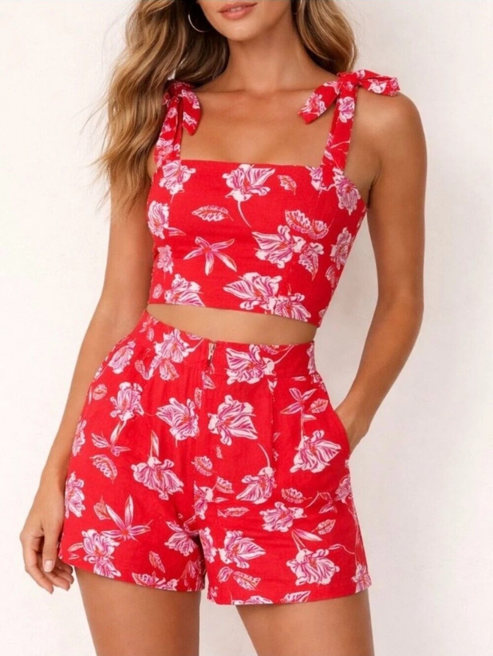 Joie Red Linen Floral Tie-Shoulder Crop Top & Matching Shorts 6